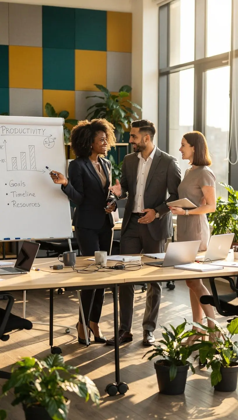 Рабочая зона с эргономичной мебелью и освещением, способствующим повышению продуктивности.