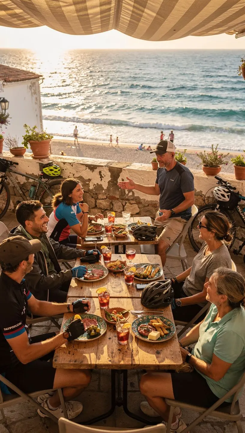 Guía profesional coordinando un tour en grupo de ciclistas en un punto de encuentro turístico en España.